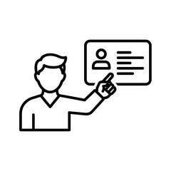 Line art icon of a person presenting or pointing to an identification card or user profile.