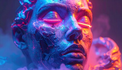 A sculpted bust, rendered in vibrant neon hues, emanates an ethereal glow from within a mystical fog. The head evokes an ancient era