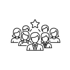 Line art icon of a diverse professional team with a central leader recognized by a star, symbolizing success, achievement, and teamwork.