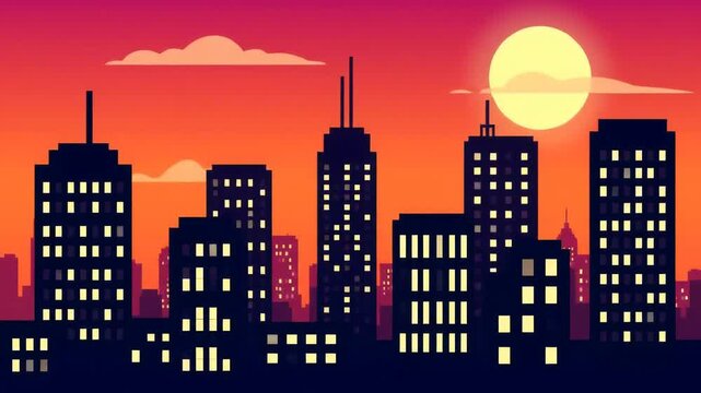 An illuminated vector illustration of a dramatic night city skyline featuring skyscrapers and urban architecture