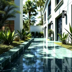 Outdoor pathway design with green marble tiles artistic lighting and surrounding plants creating serene luxurious stylish residential garden environment