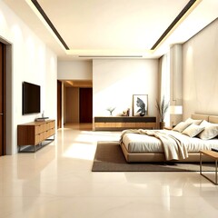 Bedroom luxury flooring designed with cream marble tiles soft textiles ambient lighting and modern furniture creating warm elegant residential design