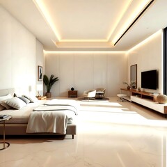 Bedroom luxury flooring designed with cream marble tiles soft textiles ambient lighting and modern furniture creating warm elegant residential design
