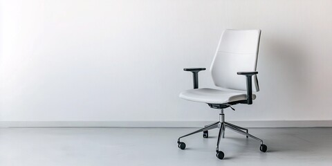 A pristine, minimalist office environment with a white background and a modern ergonomic office chair at its center, emphasizing the concepts of simplicity, efficiency, productivity, and readiness.