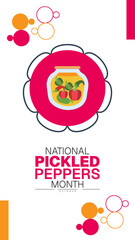 National Pickled Peppers Month Poster Banner and Background Abstract Design Template with Colorful Jars of Preserved Vegetables Illustration for mobile responsive
