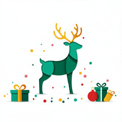 Naklejka premium Christmas reindeer beside colorful gift boxes and ornaments, festive holiday scene, cheerful decor concept for greeting cards, kids activities, and seasonal marketing