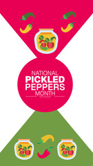 National Pickled Peppers Month Poster Banner and Background Abstract Design Template with Colorful Jars of Preserved Vegetables Illustration for mobile responsive