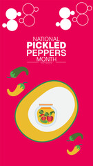 National Pickled Peppers Month Poster Banner and Background Abstract Design Template with Colorful Jars of Preserved Vegetables Illustration for mobile responsive