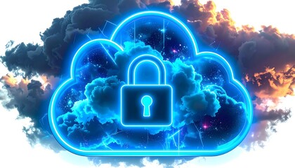 Secure Cloud Computing: Glowing Digital Padlock Icon on Cloud with Dramatic Sky Background