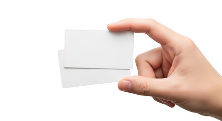 Obraz premium A persons hand holds two blank white cards, isolated on a transparent background
