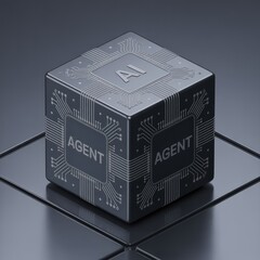 Obraz premium Advanced AI agent technology concept cube with circuits symbolizes intelligent automation and future innovation.