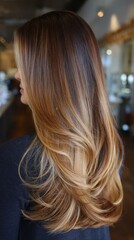Naklejka premium Smooth Ombre Hair Transition from Coffee Brown to Warm Beige in Salon Setting