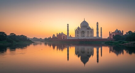 Fototapeta premium Majestic White Marble Taj Mahal at Sunrise with Reflective Water and Soft Pastel Sky