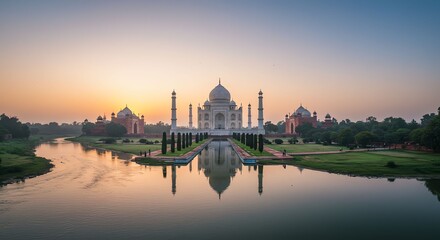 Fototapeta premium Taj Mahal White Marble Monument at Sunset with Reflecting Pool and Green Gardens