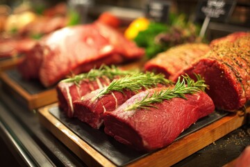 Meat counter displaying various types of beef, lamb and pork on wooden platters. Slabs, raw tenderloins displayed for grilling or baking. Fresh meat display. High protein food. Healthy products. Diet