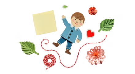 A whimsical illustration of a smiling boy in a blue jacket surrounded by decorative elements like flowers, hearts, and twine isolated on transparent background