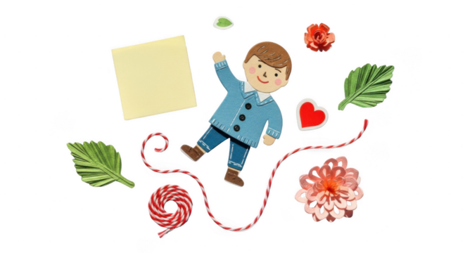A whimsical illustration of a smiling boy in a blue jacket surrounded by decorative elements like flowers, hearts, and twine isolated on transparent background