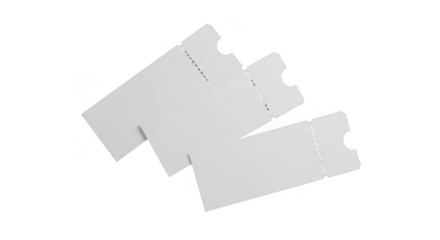Three blank white tickets are arranged in a scattered pattern on a transparent background