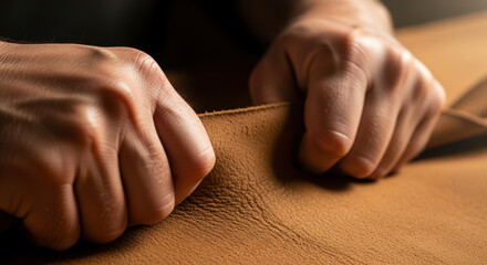 Craftsmanship in leatherwork with hands gripping soft leather material, showcasing attention to detail and texture. Leatherworking involves skillful manipulation of fine materials.