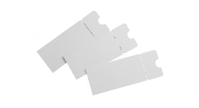 Three blank white tickets are arranged in a scattered pattern on a transparent background