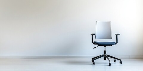 A pristine, minimalist office environment with a white background and a modern ergonomic office chair at its center, emphasizing the concepts of simplicity, efficiency, productivity, and readiness.