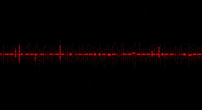 Dynamic digital heartbeat pulse graphic with red binary code on black background