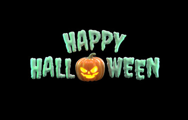 Spooky "Happy Halloween" text with a glowing pumpkin replacing the "O" on a black background in 3D illustration