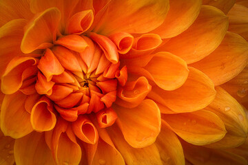 Striking vibrant orange dahlia flower close-up with abstract petal texture and soft light detail