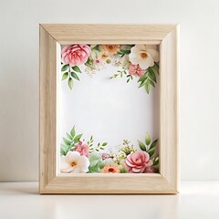 Elegant Light Wooden Frame with Delicate Pink and White Floral Design; Blank Space for Text or Image; Soft, Romantic, Springtime Mood; Perfect for Wedding, Mothers Day, or Feminine Branding.