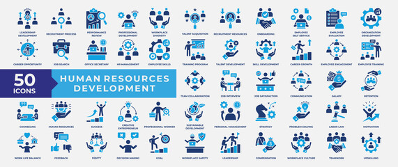 Human Resources Development Icon Collection, Containing leadership, development, talent, teamwork, performance, recruitment, strategy and skill. Simple Flat Solid Vector Illustration.
