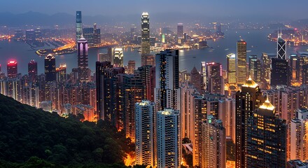 Hong Kong Skyline at Night with Illuminated Skyscrapers and Harbor View in Vibrant Cityscape