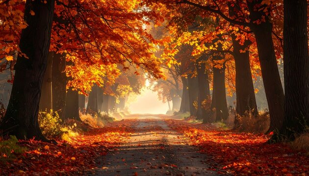 A tree-lined path, bathed in warm sunlight, displaying autumnal foliage and fallen leaves, leading to a bright, open horizon - Powered by Adobe