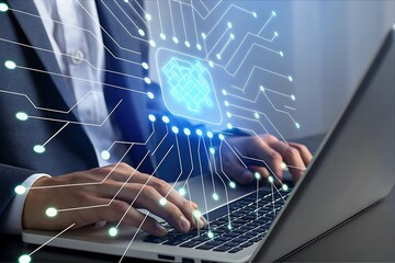 Businessman using laptop, digital network overlay, futuristic technology concept, modern corporate communication, global connectivity, innovative solutions, efficient workflow, secure data transfer