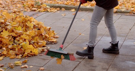 A person diligently sweeps fallen leaves from the sidewalk in autumn, while a nearby pile of...