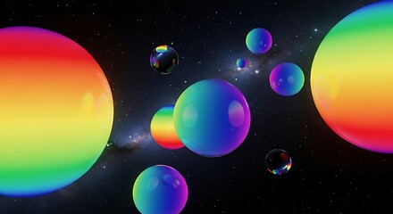 Iridescent Rainbow Bubbles Floating in Space with Starry Galaxy Background Rendered