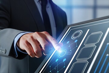 Businessman's finger interacts with futuristic touchscreen interface displaying network connections, showcasing modern technology and digital innovation in a professional and sophisticated style