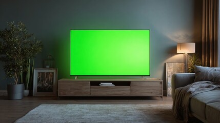 Television green screen. Interior of a living room. TV Media Entertainment center mockup. Digital Display showing blank green background. Modern TV chroma key template. Luxury Cozy home. Online cinema