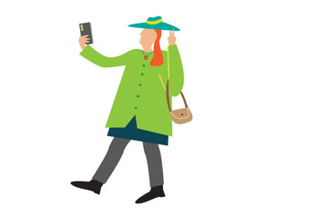 Woman using cellphone for selfie shot. Editable Clip Art.