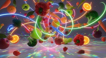 Floating Fruits and Vegetables with Colorful Neon Light Trails on a Disco Floor