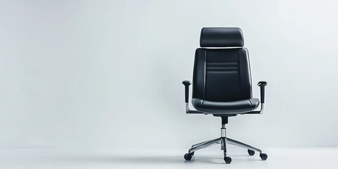 A pristine, minimalist office environment with a white background and a modern ergonomic office chair at its center, emphasizing the concepts of simplicity, efficiency, productivity, and readiness.