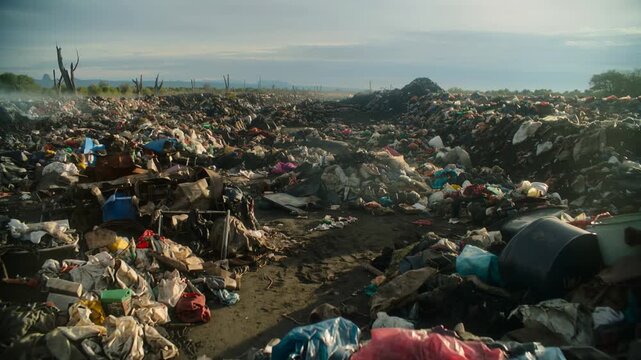 Drone footage of a landfill with large piles of trash in a field. The scene is disgusting and sad, as the trash is a reminder of the negative impact humans have on the environment.