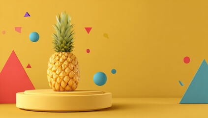 A vibrant pineapple sits atop a round yellow platform against a backdrop of geometric shapes in a cheerful color palette.