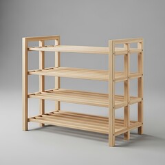 Unfinished Pine Wood ThreeTier Shoe Rack with Slatted Shelves on Gray Background
