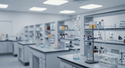 Modern laboratory research environment with scientific equipment and glassware