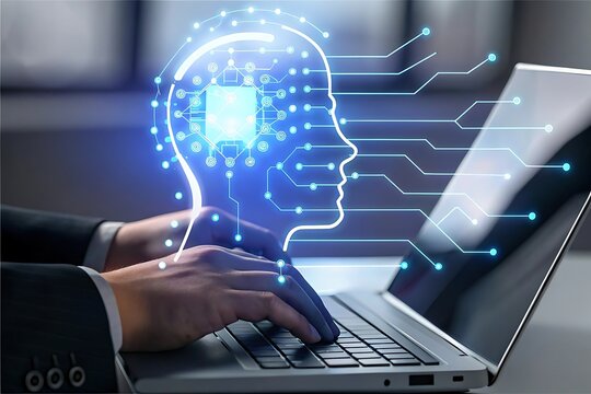 Artificial Intelligence Concept:  Businessperson's Hands Typing on Laptop with Futuristic Digital Brain Overlay,  Modern Technology,  Innovation,  Cybersecurity,  Data Processing,  Abstract Blue