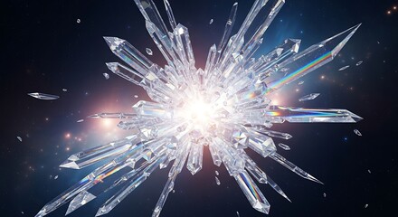 Sparkling Cluster of Clear Crystals Floating in Space with Celestial Backdrop