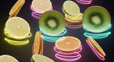 Sliced Citrus Fruit with Neon Glows Kiwi, Lemon, Lime, and Orange Segments