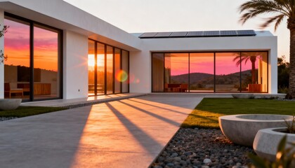 Fototapeta premium Contemporary villa with solar panels and sunset reflections 