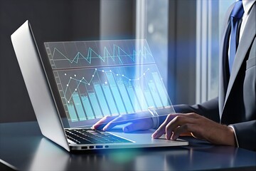 Businessman Analyzing Financial Data on Laptop; Modern, Professional, Futuristic Holographic Charts and Graphs Displayed; Serious, Focused Mood; Corporate Success Concept.