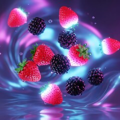 Floating Strawberries and Blackberries with Water Droplets Against Abstract Purple Blue Background